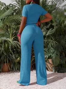 Slaydiva New Casual Basic Sports Style Spring And Summer Round Neck Short-Sleeved Truncated T-Shirt + Wide-Leg Super Long Pants Rose Red Striped Texture Knitted Fabric Women's Two Pieces Set-I