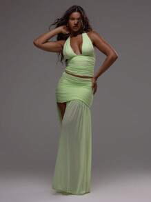 MUSERA Áo kiểu yếm cổ chữ V xẻ sâu, xếp ly, ôm sát, không tay, gợi cảm, lãng mạn, thanh lịch, chỉ dành cho kỳ nghỉ ở Ibiza, lễ hội, sinh nhật, đám cưới, đi chơi đêm, dự tiệc, mùa thu, mùa xuân, hè. - màu xanh lá - Xem 3