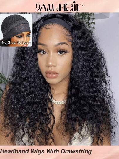 Upgrade Drawstring Mesh Lace Water Wave Headband Glueless Wigs Human Hair No Glue No Lace Fit For All Head Sizes Beginner Friendly Hook Fit Invisi Drawstring Security No-Slip