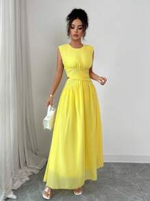 Rafferiza Damen Rundhalsausschnitt Kreuz Taille Plissee Taille Cut Out Chiffon Langes Kleid