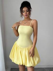 Chiquease 女士夏季可调节吊带修身低腰泡泡南瓜下摆黄色连衣裙 大学夏季连衣裙 - 黃色 - 查看 4