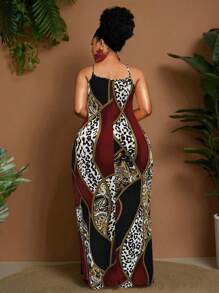 Maweii 春夏豹纹撞色针织弹力面料休闲优雅修身连衣裙，时尚设计，适合日常/海滩/约会穿着，红色加大码长款连衣裙 - 酒紅色 - 查看 2