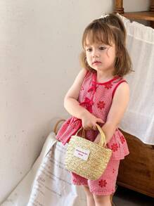 SHEIN 2 件套女婴幼儿 0-3 岁夏季休闲度假格子雏菊刺绣无袖上衣 + 短裤套装，红色 - 紅色 - 查看 5