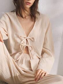 Ocili 女士休闲系带纹理上衣和裤子睡衣套装、服装、秋装 - 卡其色 - 查看 7