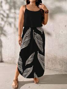 EMERY ROSE Summer Vacation Plus Size Dress With Almond Leaf Print, Suitable For Holiday Boho Suitable For Going Out,Holiday Outfits For Women - Multicolor - View 3