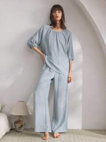 Ocili 天然亚麻条纹女士睡衣套装，舒适 - 藍色 - 查看 3