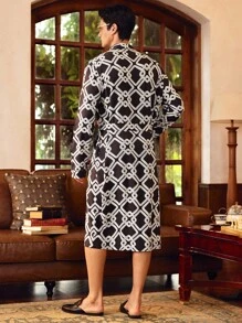 EverLounge Men's Geometric Print Shawl Collar Long Sleeve Elegant Bathrobe - Black - View 2