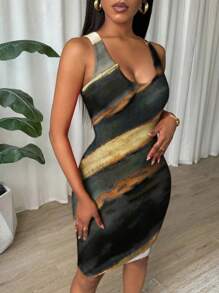 Glamine 扎染褶皱修身无袖紧身连衣裙，适合新年服装 - 軍綠色 - 查看 7