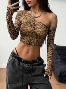 Coolane Y2K Music Festival Leopard Stretchy Breathable Mesh Asymmetrical Neck Crop Tops