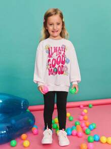 SHEIN Back To School Season Young Girl Casual Minimalist Comfortable Round Neck Sweatshirt And Pants Set Kids Sweatshirt Girls Good Mood Sweatshirt Girls - White - View 4