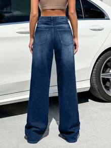 SHEIN Tall 100%Cotton DARK VINTAGE WASH LOW RISE STRAIGHT JEAN, Tall Women - Teal Blue - View 7