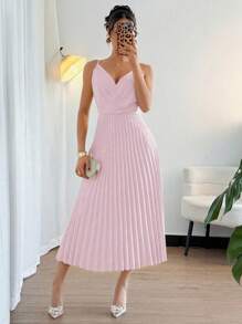 Rafferiza Islaluna 女士高级优雅法式 V 领吊带褶皱连衣裙 - 粉色 - 查看 1