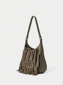 SHECARRY Ladies, Women Shoulder Bag, Hobo Bag, Tassels, Fashionable, Personalized, Simple, Versatile, Street, Sweet And Cool Girls, Hot Girls, Y2k, Retro, Vintage - Army Green - View 3