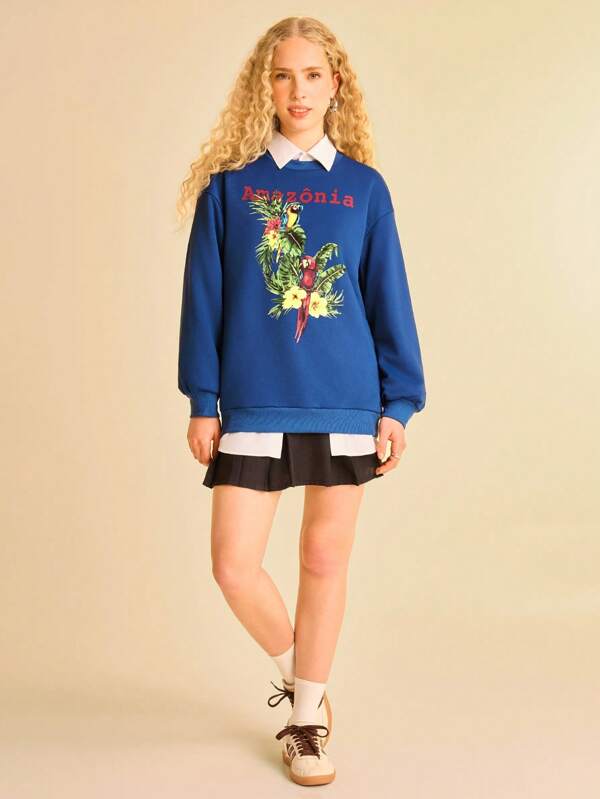 CAJUNI Vacation Casual Summer Tropical Parrot & Plant Print Crew Neck Long Sleeve Hoodie In Fall/Winter