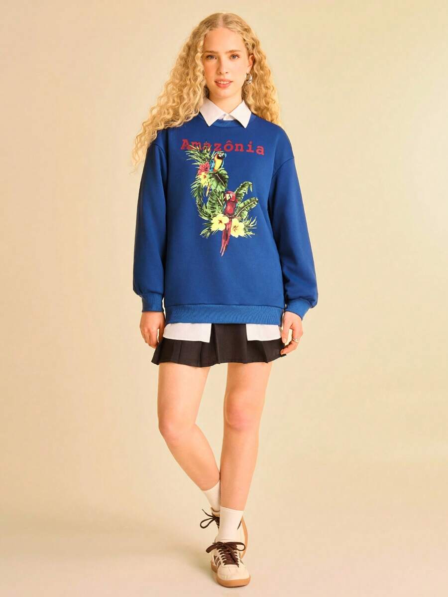 CAJUNI Vacation Casual Summer Tropical Parrot & Plant Print Crew Neck Long Sleeve Hoodie In Fall/Winter - Multicolor - View 1