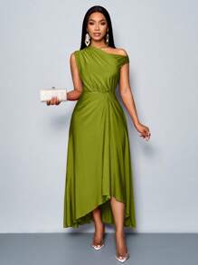Vestido largo de punto elástico morado cómodo con detalles recogidos, cuello asimétrico y bajo asimétrico con abertura, para fiesta y ocasiones elegantes en primavera y verano - Verde - Ver 7