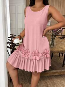 EMERY ROSE Plus Size Holiday Casual Sleeveless Dress With 3D Floral Decor - Pink - View 4