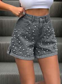 EURMUSE Quần short denim thường ngày mùa hè 100% cotton có đính đinh tán trang trí - Màu Xám nhạt - Xem 5