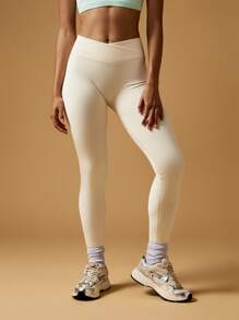 MISSGUIDED High Waisted Athletic Leggings Seamless Compression Workout Pants Running Activewear Tummy Control Yoga Pants With Crossed Waistband - Apricot - View 1