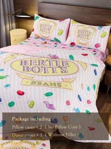 HARRY POTTER X SHEIN 3pcs Bedding Set, Jelly Bean Print Pattern, Pink Duvet Cover, Comfortable Soft Warm Washable, Suitable For Twin/Full/Queen/King Size Bed, Dorm/Home,Christmas