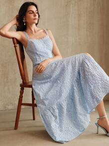 Anewsta 优雅荷叶边镂空刺绣腰部A字长裙女士连衣裙，浅蓝色，适合海滩度假