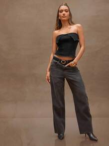 Denimoi 女士夏季时尚翻领短款牛仔吊带背心 - 黑色 - 查看 3