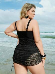 Swim Lushoire 大码纯色V领褶饰腰部时尚休闲泳裙