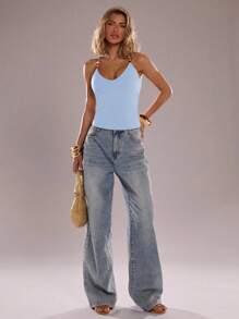 SHEIN BAE 棕色串珠细肩带女士吊带上衣、夏季性感紧身复古吊带上衣、度假沙滩上衣、串珠背心 - 淺藍色 - 查看 5