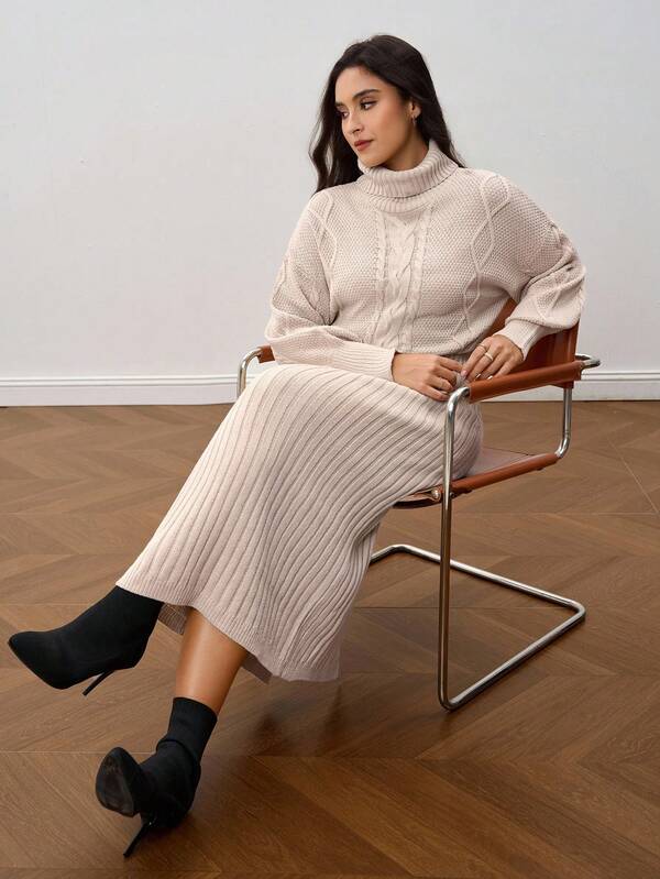 Chikora Plus Size Women Cable Cable High Neck Long Sleeve Casual Knitted Dress Fall Clothes Plus Size  Fall Sweaters  Winter Clothes Women  Sweater Dresses  Classy Outfits For Women Dresses For Women Elegant  Elegant Dresses For Women Autumn