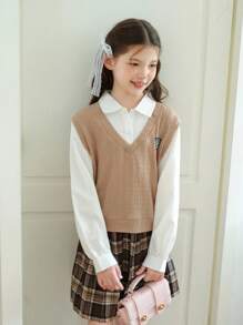 2pcs/Set Teenage Girls Back To School Outfit, Collegiate Inspired 2 In 1 Top Paired With Fashionable Plaid Pleated Skirt, Collared And V-Neck Blouse With Decorative Embroidery Patches, Suitable For School, Daily Wear, Formal Occasions Fall Winter