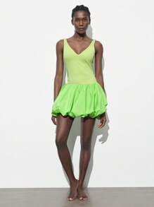 Maija Women's V-Neck Bubble Hem Short Sleeveless Green Spring Dress,Boho - Green - View 2