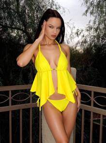 EgrlEra Women's Solid Color Halter Tie Front Sexy Tankini Swimwear Set, Summer Beach - Yellow - View 4