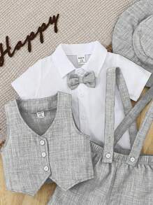 Souflis Souflis 4 件套男婴服装 - 短袖衬衫配领结和格子吊带短裤，优雅复古绅士风格，适合特殊场合