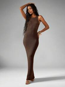 MISSGUIDED Đầm Maxi Đi Biển Dệt Kim Dài Không Tay Hở Lưng Dạ Hội Mặc Đi Nghỉ Mát Đi Hồ Bơi Mùa Hè Đi Biển - màu nâu - Xem 1