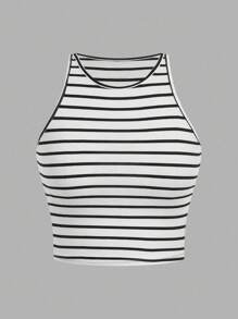 SHEIN EZwear Bộ 4 áo ba lỗ nữ thường ngày, họa tiết kẻ sọc và da báo, áo ôm vừa vặn đa năng, thích hợp mặc ở sân bay, trở lại trường, áo mùa hè - Nhiều màu - Xem 5