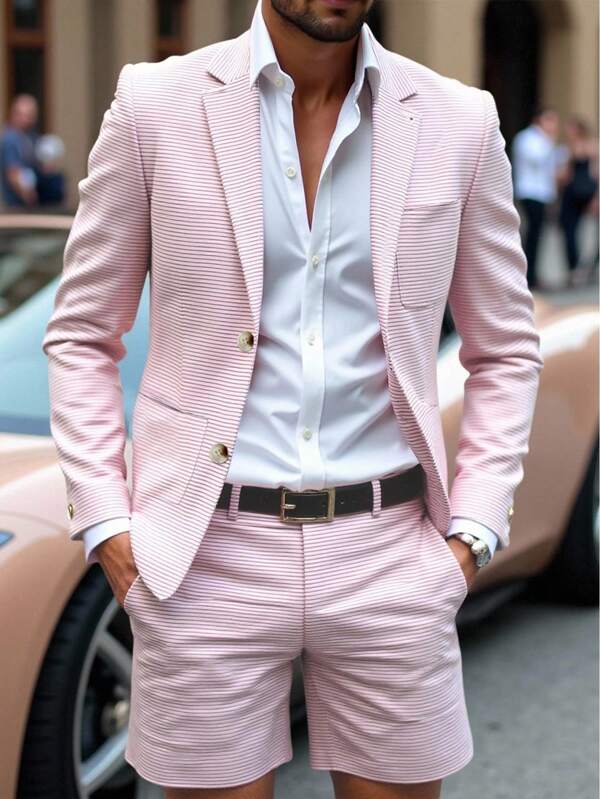 Calvornis Men's Business Casual Striped Digital Print Suit Set Men Pink Striped Suit Men Summer Suit Men Blazer And Shorts Pink Striped Blazer Men Casual Summer Suit, Old Money Style