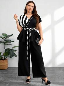 Lacomfia 大码女式黑白条纹拼接 V 领抽绳系腰休闲衬衫 - 黑色 - 查看 4