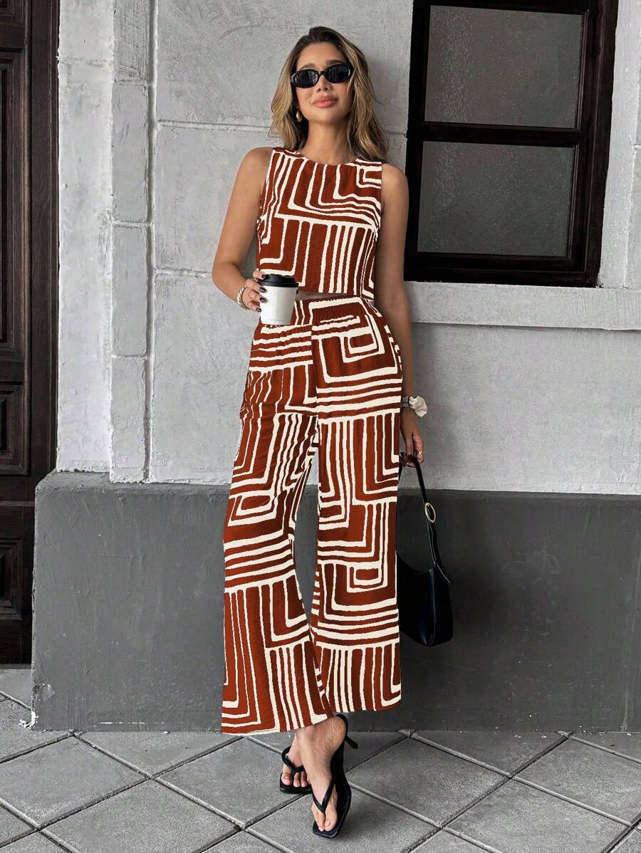 Pariaura Bộ 2 món/Bộ đồ lót nữ họa tiết sọc hoa thời trang và quần dài, phong cách nghỉ dưỡng bãi biển thường ngày, trang phục mùa hè cho sinh viên - Màu Cam cháy - Xem 1