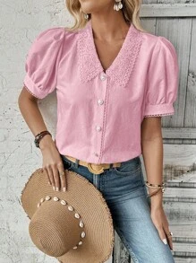 Breezaya Vacation Leisure Solid Color Lace Patchwork Bubble Sleeve Shirt - Pink - View 4