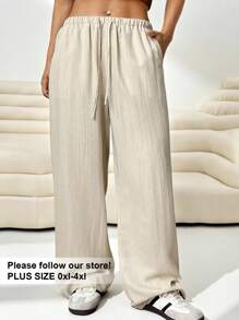 SHEIN EZwear 女款杏色寬腿編織褲，大碼寬鬆版型