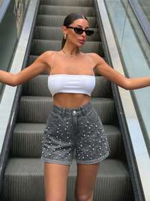 EURMUSE Quần short denim thường ngày mùa hè 100% cotton có đính đinh tán trang trí - Màu Xám nhạt - Xem 8