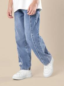 SUMWON 复古90年代风格侧边滚边阔腿牛仔裤青少年男童滑板篮球裤街头潮流冬秋时尚 - 藍色 - 查看 4