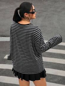 Muchica Plus Size Casual Drop Shoulder Loose Striped T-Shirt For Spring/Autumn,Fall Clothes For Women