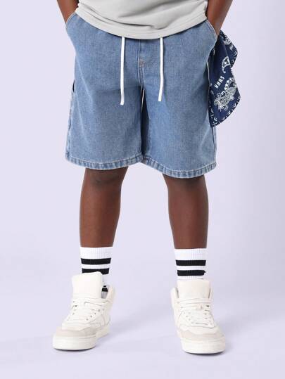 SUMWON 男童牛仔套头短裤休闲夏令营宽腿宽松舒适直筒原色溜冰风格棉质街头服饰日常校服