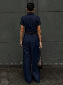 DAZY 女式夏季方领收腰短袖牛仔连体裤，街头休闲 - 深色水洗藍 - 查看 3