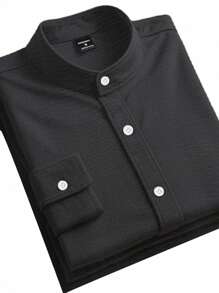 Manfinity Homme Men's Casual Vacation Black Long Sleeve Stand Collar Shirt - Black - View 3