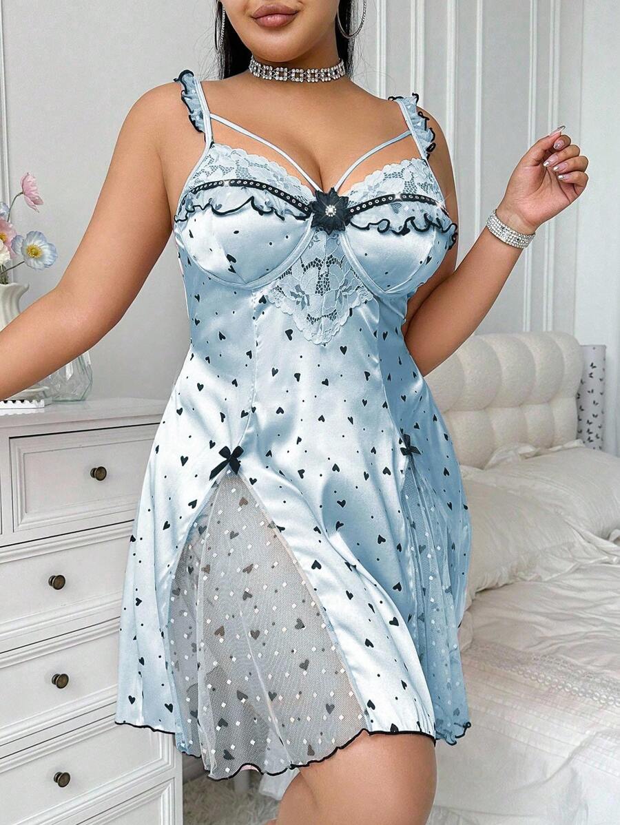 SHEIN Semi-Sheer Baby Blue Satin Nightgown For Curves With Spaghetti Strap Neckline - Baby Blue - View 1