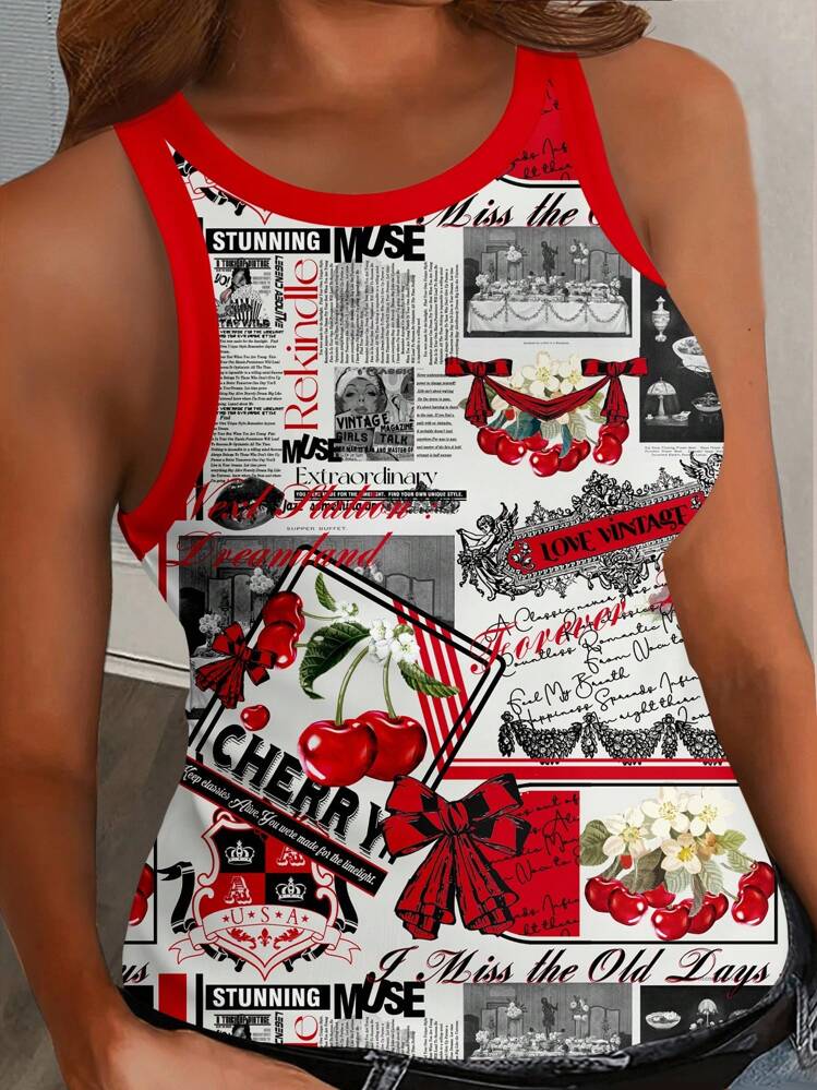 Slaydiva Plus Size Women Cherry Cartoon Print Round Neck Sleeveless Tank Top, Suitable For Summer Suitable For Going Out Back To School - Red - View 8