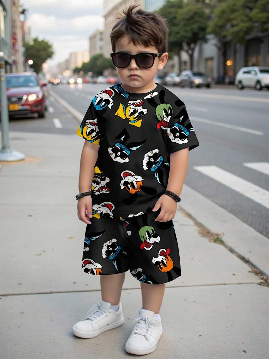 SHEIN 2pcs/Set Young Boy Casual Simple Round Neck Short Sleeve Shorts Set, Suitable For Summer - White - View 1