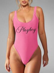 Missguided x Playboy 连体泳衣圆领高开叉露背复古风格标志标语经典夏季泳池沙滩泳衣 - 粉色 - 查看 6